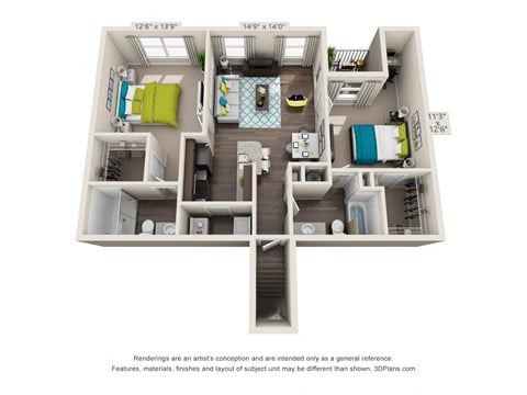 Floor plan for 2 beds, 2 baths, 1073 sqft